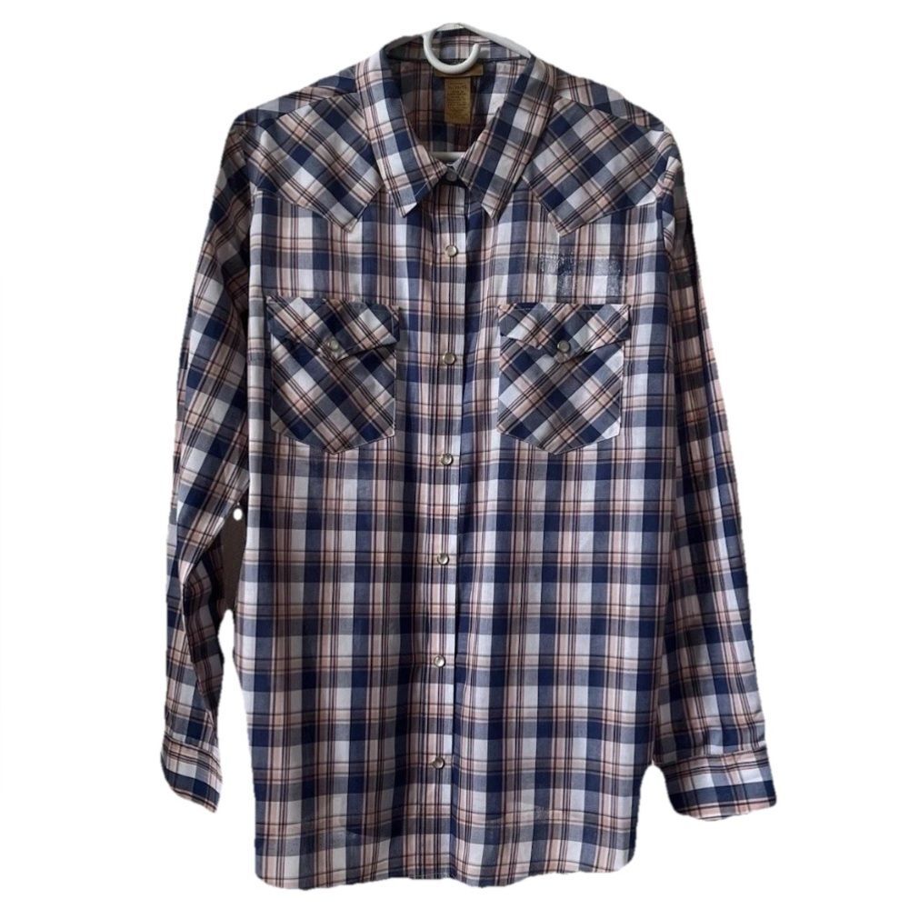 Women's Wrangler Essential Western Anthem Blue Plaid Long Sleeve Shirt Size XL
